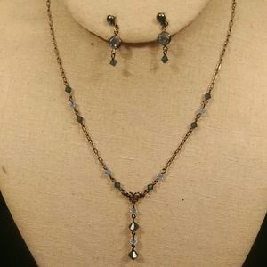 Cheryl Reis Blue Crystals Black Chain 16" Necklace & Drop Earrings Set